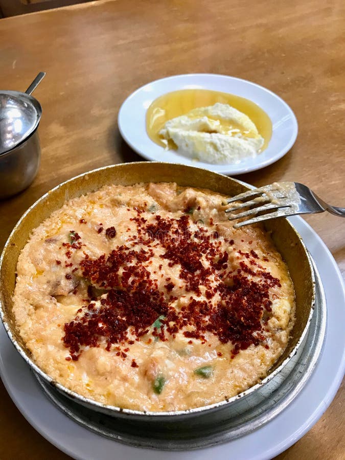 Turkish Breakfast Menemen with Butter Cream and Honey at Restaurant ...