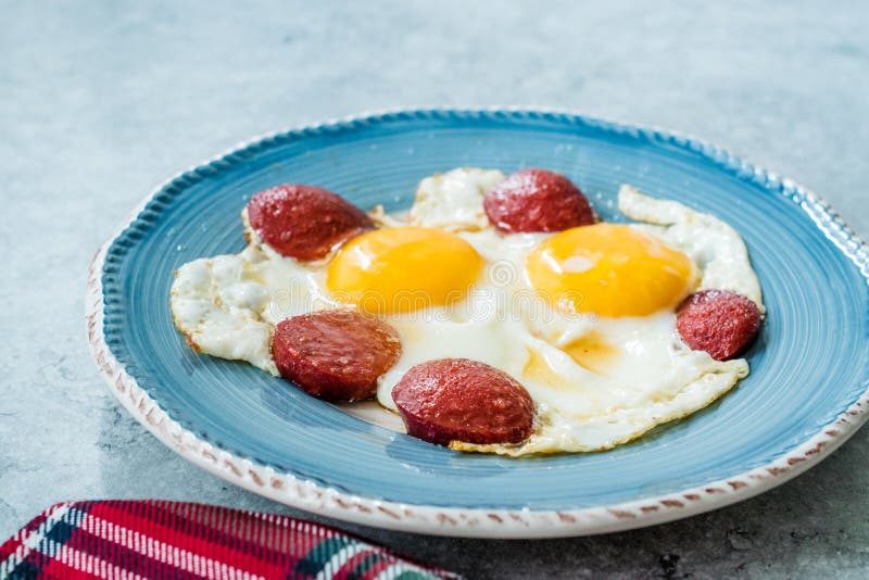 Turkish Breakfast Sucuk with Fried Eggs / Salami or Sujuk Stock Photo ...