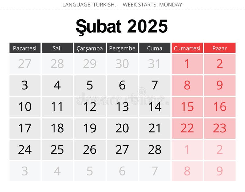 Turkish Calendar for Month February 2025 - Takvim. Vector Illustration