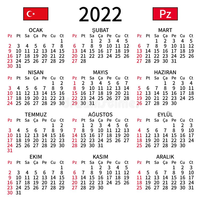 Cu Calendar 2022 Turkish Calendar 2022, Sunday Stock Vector - Illustration Of Monthly,  Readable: 233263640