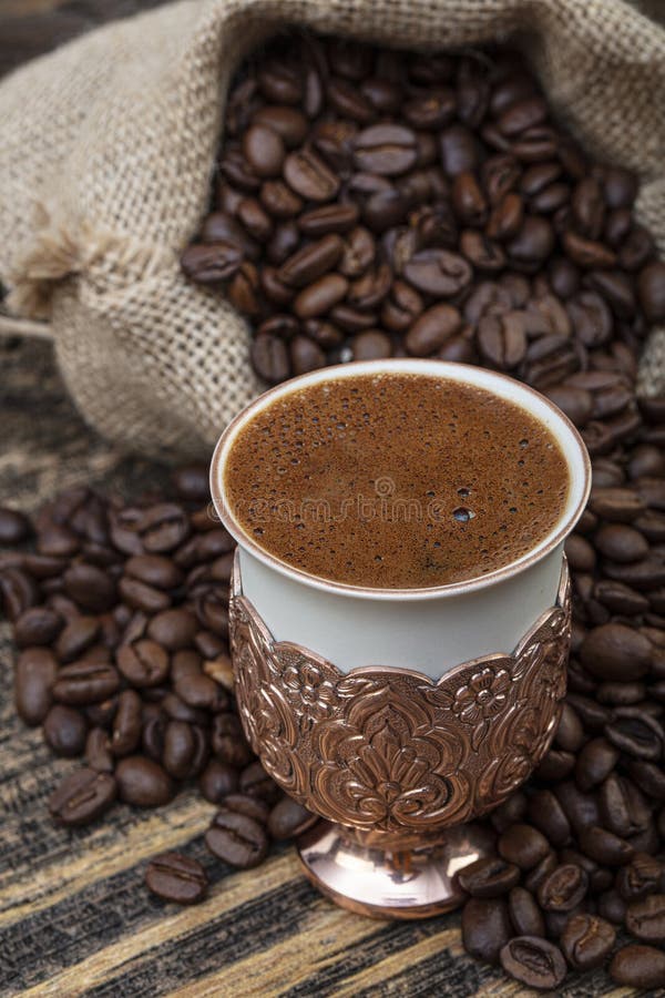 Turkish Coffee Concept, Coffee with Coffee Beans. Turkish Coffee in a