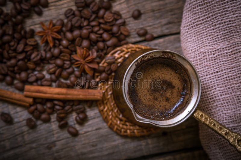 Turkish Coffeepot Over Coffee Beans Stock Photo Image of light