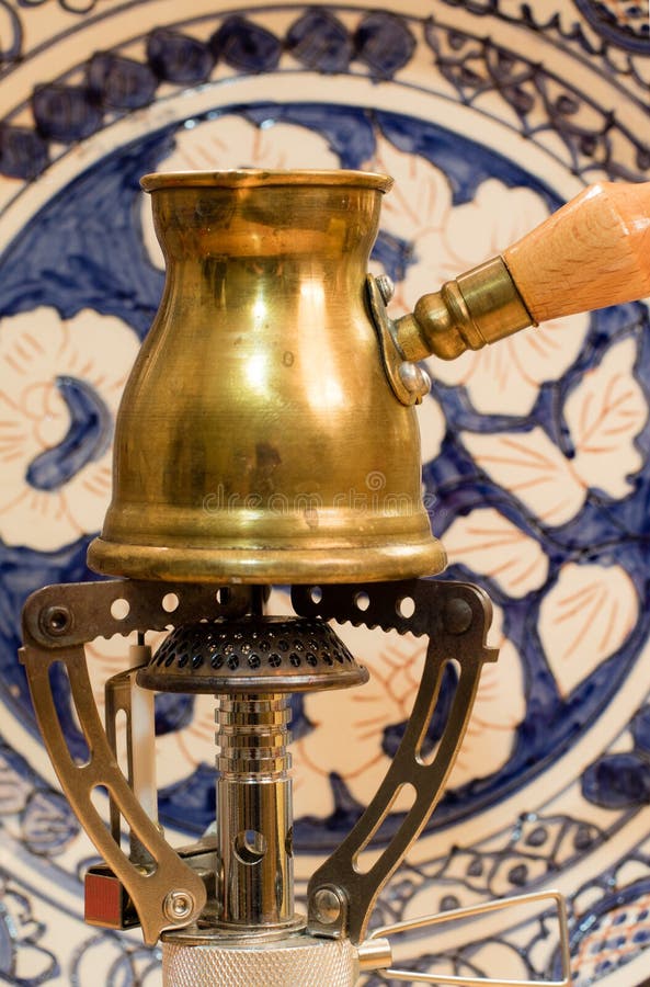 Turkish Coffee Pot Boiling. Coffee Brewing and Drinking Ceremony. Stock