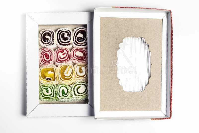 Turkish delight in the box on a white background royalty free stock photography Turkish delight in the box on a white background royalty free stock photography