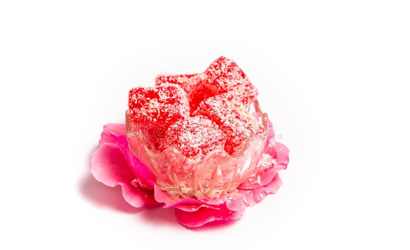 Turkish delight made of rose with coconut royalty free stock photos Turkish delight made of rose with coconut royalty free stock photos