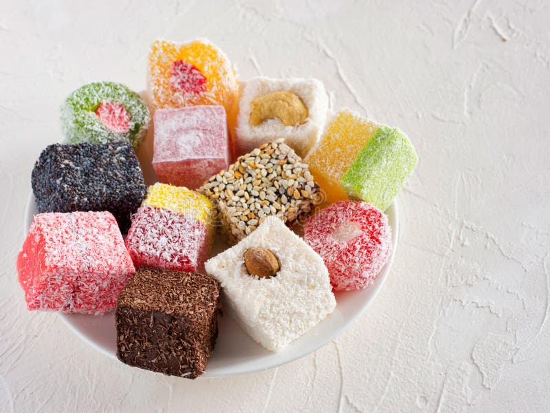 Turkish Delight on White Rustic Background Stock Image - Image of