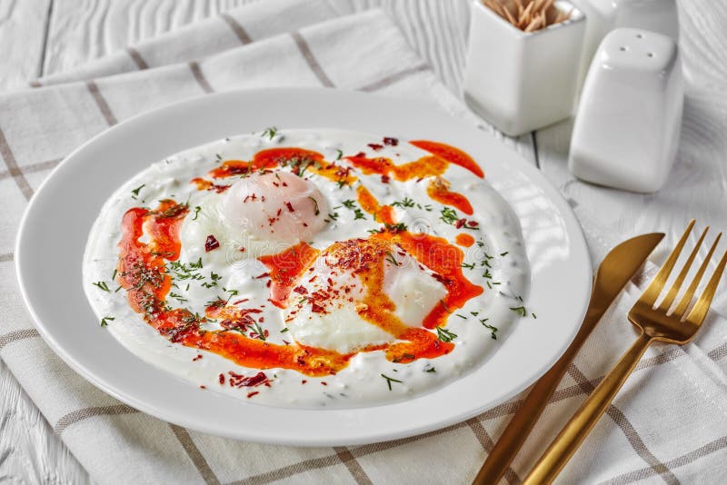 Turkish Eggs with Greek Yogurt, Top View Stock Photo - Image of poach