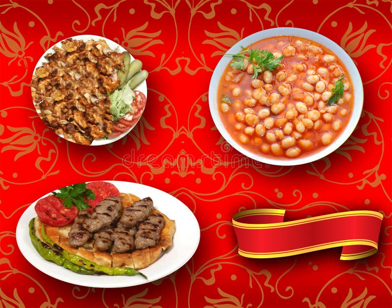 Turkish foods, Turkish Speak: türk yemekleri, doner, kuru fasulye, pideli kofte stock photo Turkish foods, Turkish Speak: türk yemekleri, doner, kuru fasulye, pideli kofte stock photo