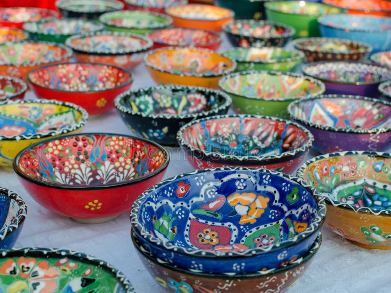 Turkish Handmade Colourful Ceramic Plates and Bowls. Close Up Stock