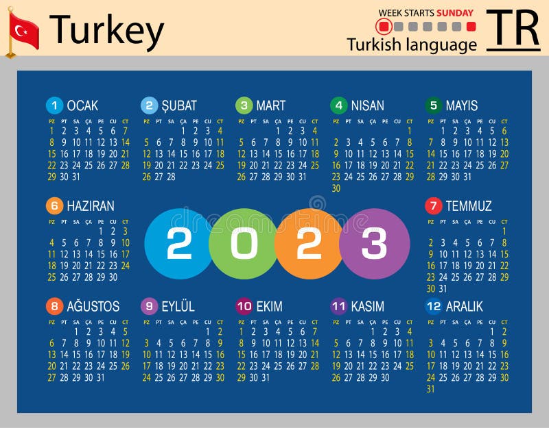 Turkish Horizontal Pocket Calendar for 2023. Week Starts Sunday Stock