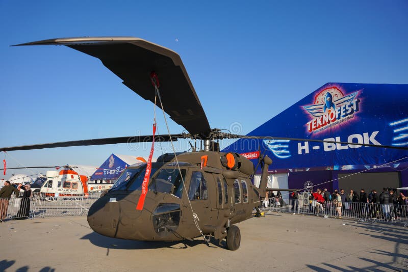 ISTANBUL, TURKIYE - MAY 01, 2023: Turkish Jandarma Force TAI T-70 GMH display in Istanbul Ataturk Airport during Teknofest Istanbul. ISTANBUL, TURKIYE - MAY 01, 2023: Turkish Jandarma Force TAI T-70 GMH display in Istanbul Ataturk Airport during Teknofest Istanbul