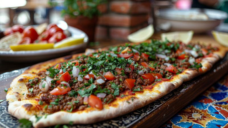 Turkish Lahmacun on a table with garnishes. stock photos