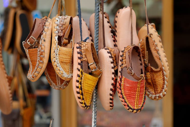 Turkish leather slippers on sale stock images Turkish leather slippers on sale stock images