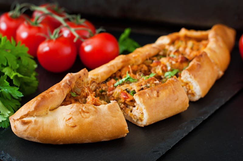 Turkish Pide with Minced Meat, Kiymali Pide. Traditional Turkish