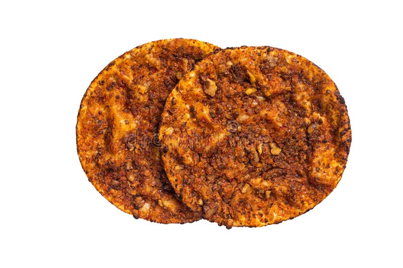 Turkish pizza lahmacun on kitchen table. Isolated on white background stock photo