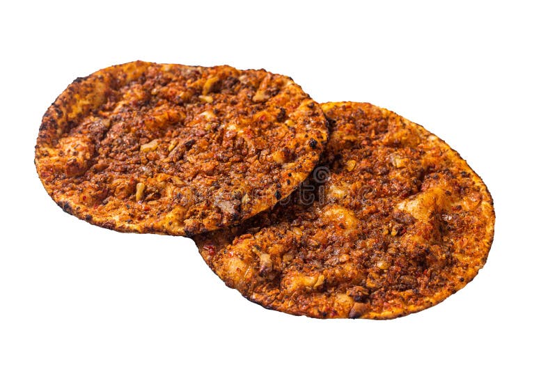 Turkish pizza lahmacun on kitchen table. Isolated on white background royalty free stock photos