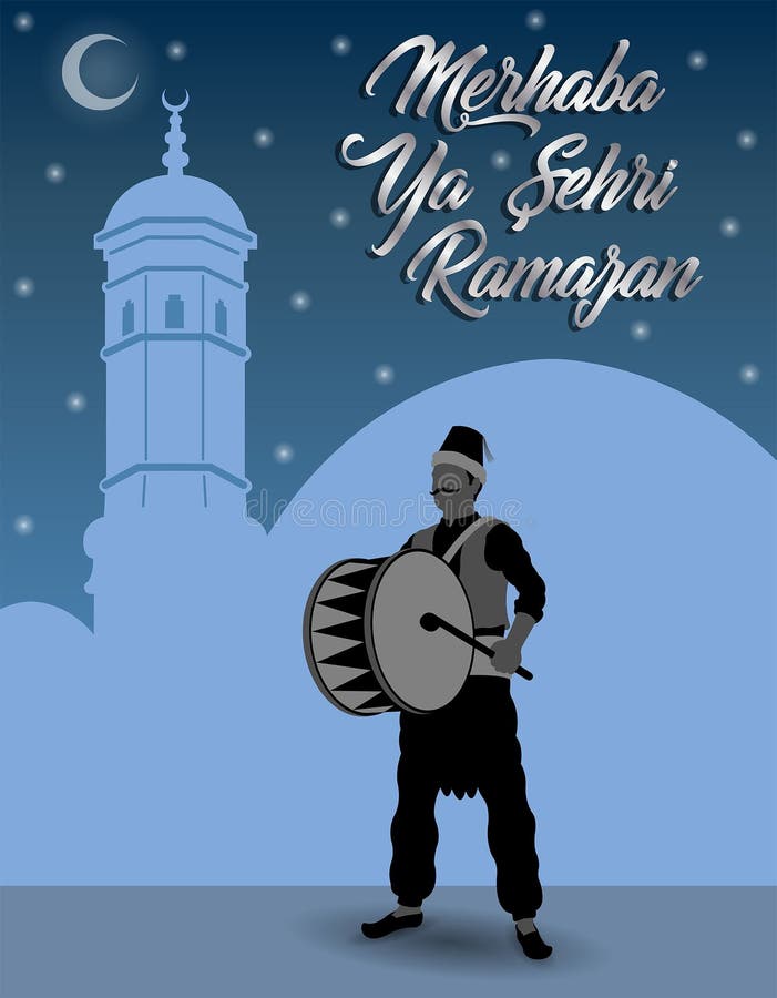 Turkish Ramadan greeting with Ramadan Drummer in front of blue s
