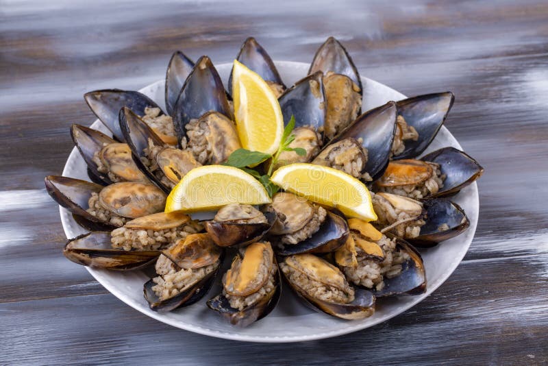 Turkish Style Stuffed Mussels, Midye Dolma Mediterranean Cuisine Stock
