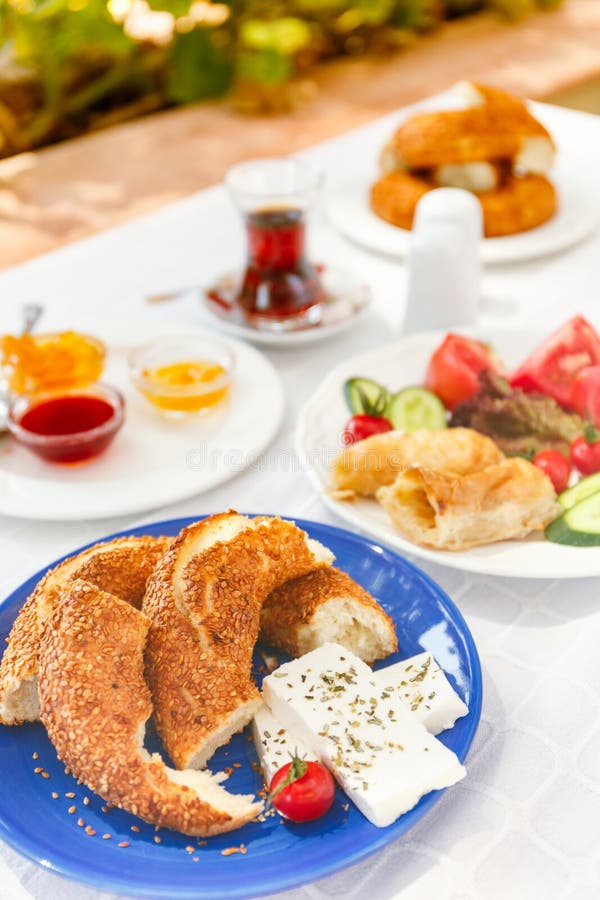 Turkish Tea, Cheese, Honey, Jam, Simit. Authentic Turkish Break Stock