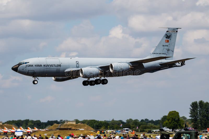 FAIRFORD / UNITED KINGDOM - JULY 11, 2018: Turkish Air Force Boeing KC-135 Stratotanker 58-0110 tanker plane arrival and landing for RIAT Royal International Air Tattoo 2018 airshow. FAIRFORD / UNITED KINGDOM - JULY 11, 2018: Turkish Air Force Boeing KC-135 Stratotanker 58-0110 tanker plane arrival and landing for RIAT Royal International Air Tattoo 2018 airshow