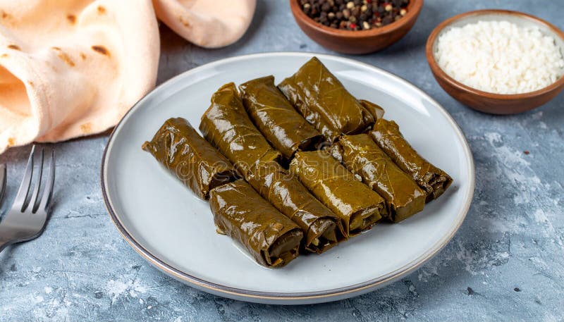 Turkiska köttsydda druvblad, ris och krydd. Turkiska matfyllda druvblad stock illustrationer