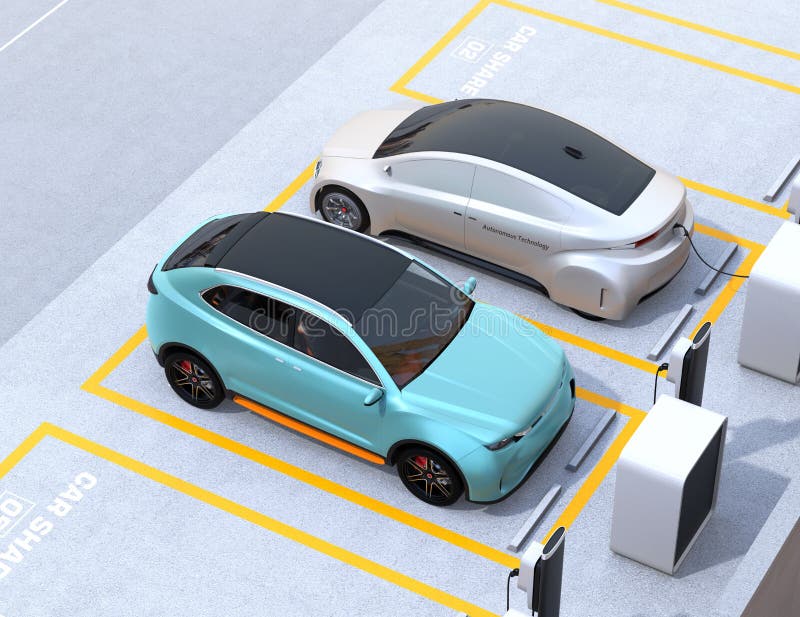 Turkoois groen elektrisch SUV en zilveren zelf-drijft sedan in het parkeerterrein van het autoaandeel royalty-vrije illustratie Turkoois groen elektrisch SUV en zilveren zelf-drijft sedan in het parkeerterrein van het autoaandeel royalty-vrije illustratie