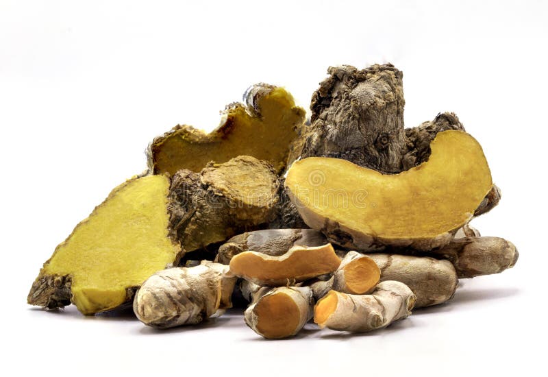 Turmeric and Cassumunar ginger roots with slices isolate on white background. Curcuma longa LinnClose up Turmeric herbal.