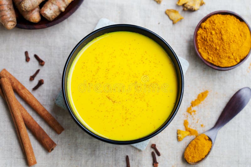 Turmeric drink, latte, tea, milk. Top view. stock image Turmeric drink, latte, tea, milk. Top view. stock image