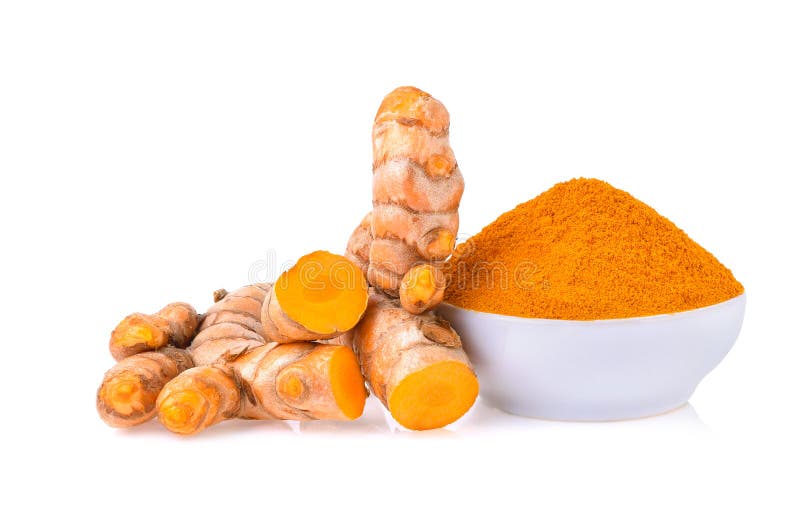 Turmeric Roots with Turmeric Powder Isolated on White Background Stock