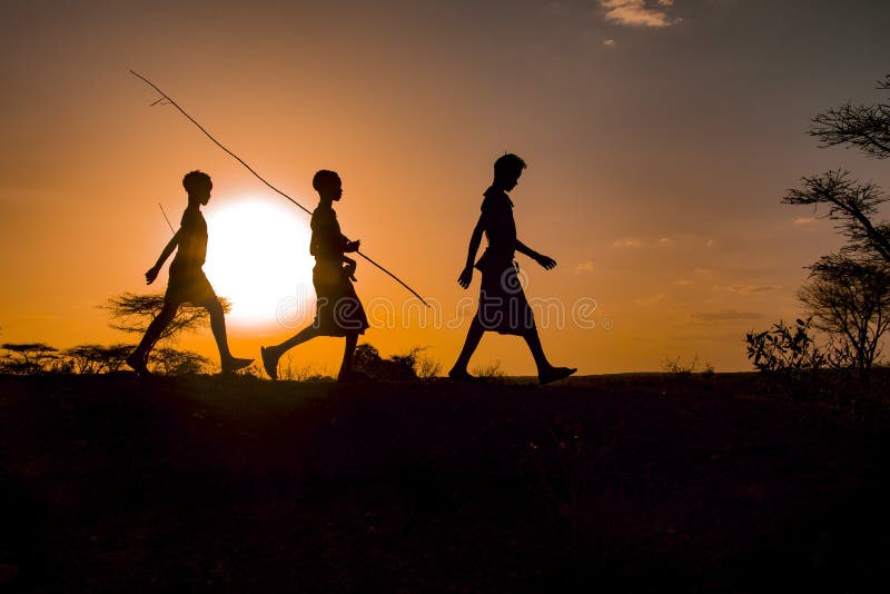 Turmi, Omo Valley, Ethiopia, Hamer tribe September 2018 unidentified people from the tribe at sunset. royalty free stock photography Turmi, Omo Valley, Ethiopia, Hamer tribe September 2018 unidentified people from the tribe at sunset. royalty free stock photography
