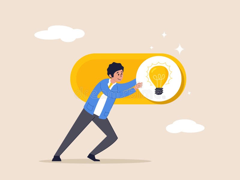 Activați conceptul de idei noi. comută invenția ideii becurilor luminoase pentru deblocare sau om de afaceri activ pentru a activa royalty free illustration