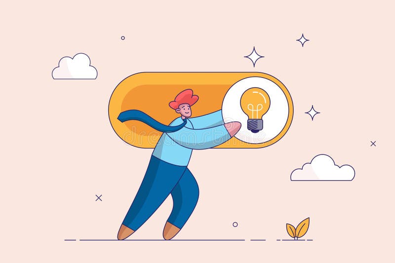 Activați un nou concept de idei. comutați invenția ideii becurilor luminoase, deblocați sau împingeți comutatorul de comutare acti stock illustration