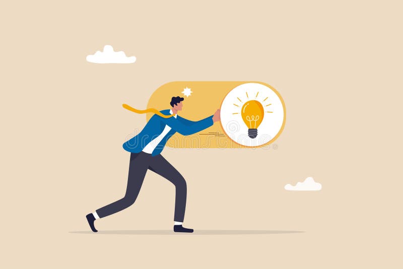 Activați o nouă soluție de idei sau o inovație pentru a rezolva problema, pentru a permite cunoașterea sau creativitatea să compro vector illustration