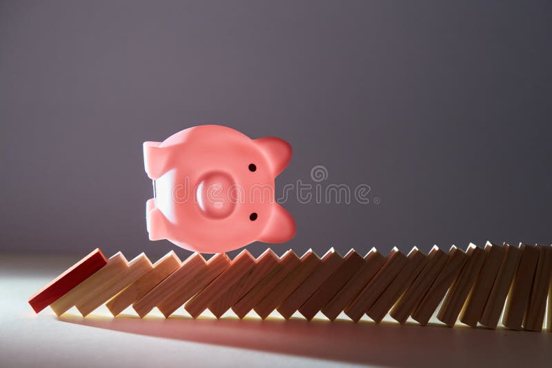 Turn Over Piggy Bank On Falling Domino Blocks, Copy Space ...