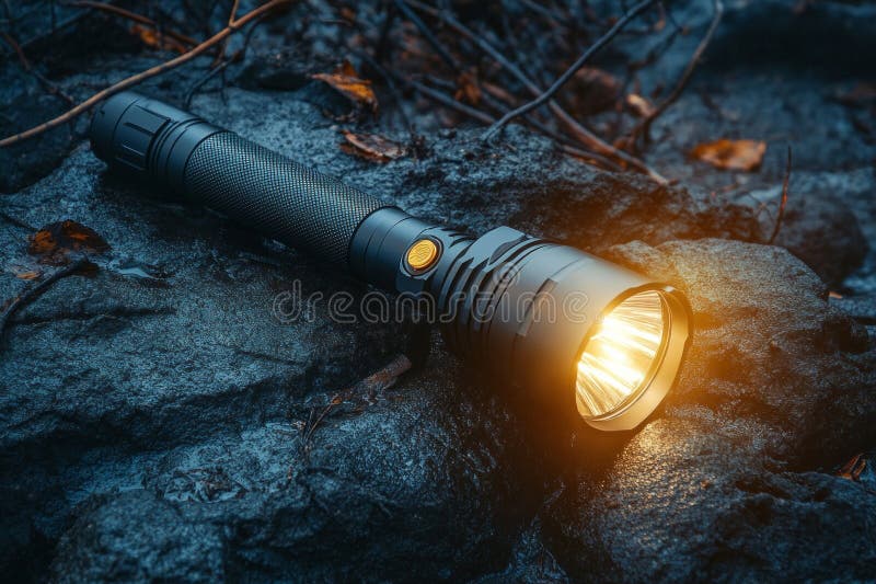 Turned-on flashlight rests on wet rocks, emitting a bright beam of light, creating a dramatic scene in a natural environment stock photo
