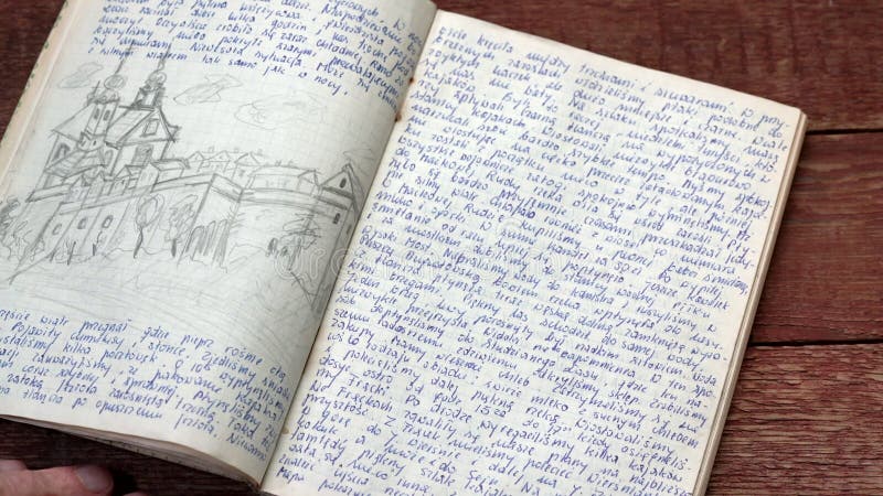 Turning pages of vintage, 50 years old, travel journal