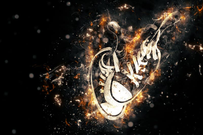 Turnschuhe auf Feuer im schwarzen Hintergrund stockbild