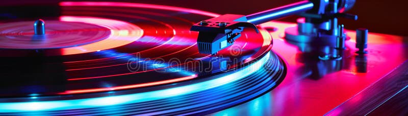 Turntable spinning, neon glow, blurred motion effect , clean sharp focus vector illustration