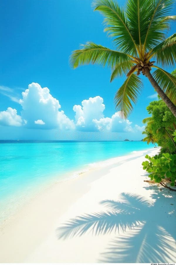 Turquesa vibrante e deslumbrante céu azul sobre a paisagem primitiva da praia do Funadhoo Turquesa ilustração do vetor