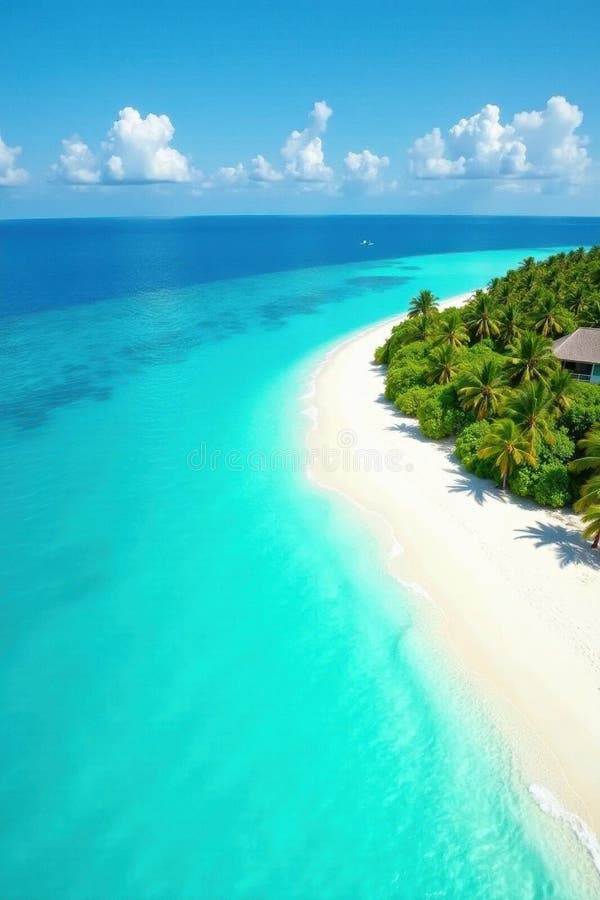 Turquesa vibrante e deslumbrante céu azul sobre a paisagem prisional brilhante da Funadhoo ilustração royalty free