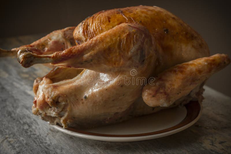 Country roasted turkey with crispy skin on rustic wooden table. Country roasted turkey with crispy skin on rustic wooden table