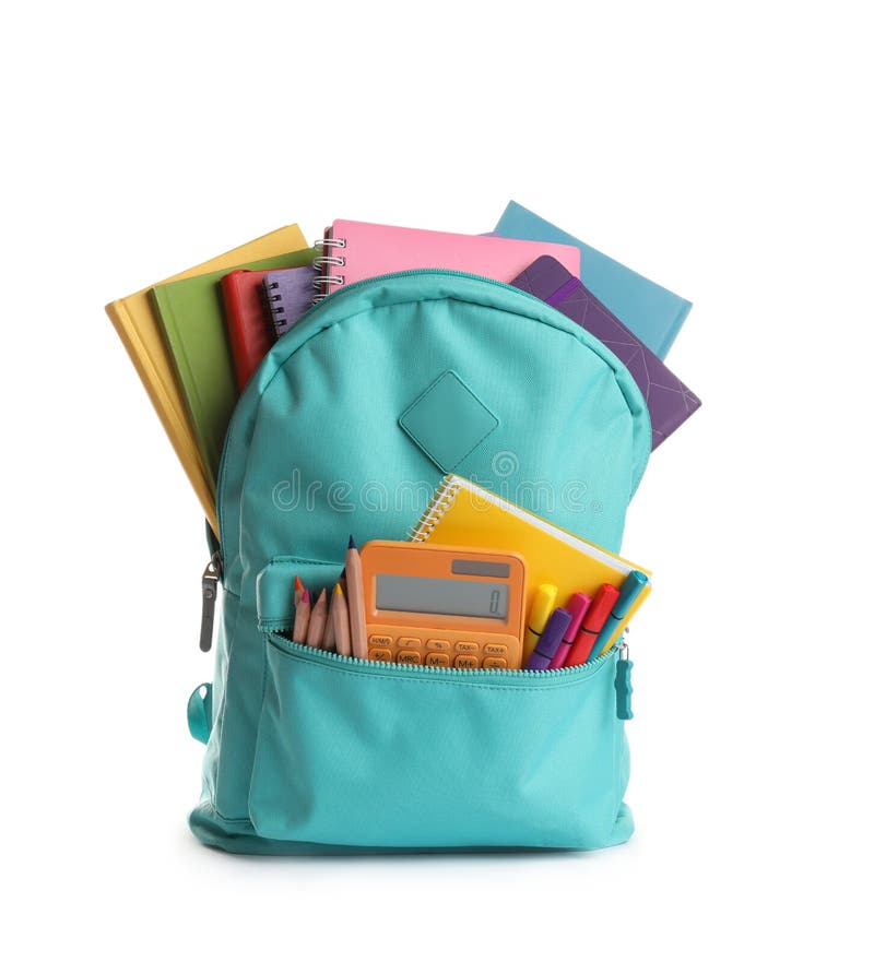 Turquoise Backpack with Different School Supplies Isolated on White