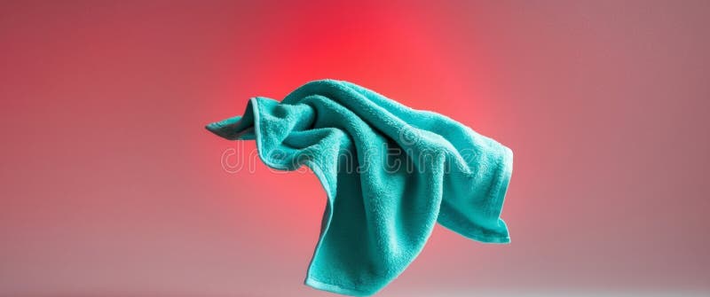 Turquoise Bath Towel Floating on Red Background - Clean Soft Terry Cloth royalty free stock images