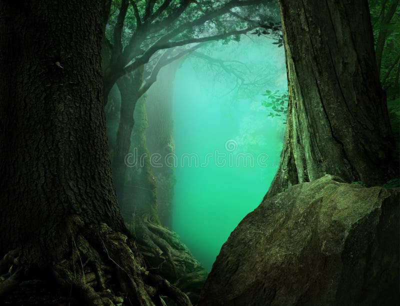Mysterious fantasy forest landscape with light blue transparent haze on a background