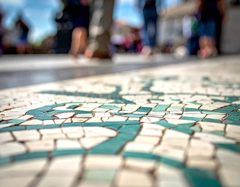 Turquoise mosaic floor with blurred people in background on a sunny day vector illustration