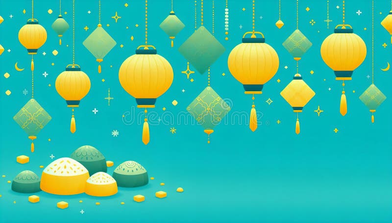 Turquoise ramadan night with ketupat and lanterns experience a calm ramadan evening with a soft turquoise background featuring ilustração stock