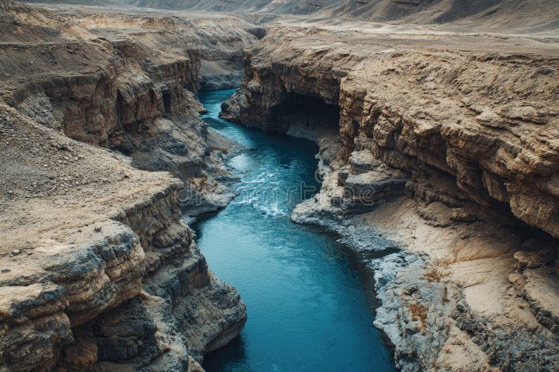 Turquoise river flowing through canyon in desert landscape stock illustration