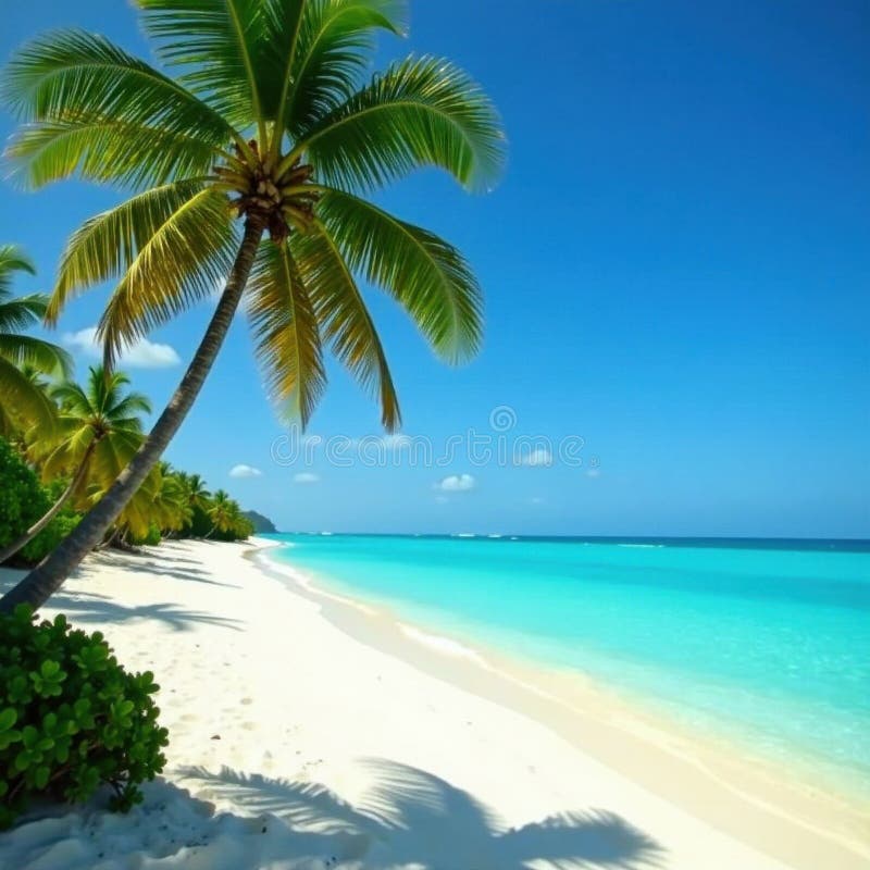 Turquoise sea, bright blue sky, Funadhoo s pristine beach , getaway, calm vector illustration