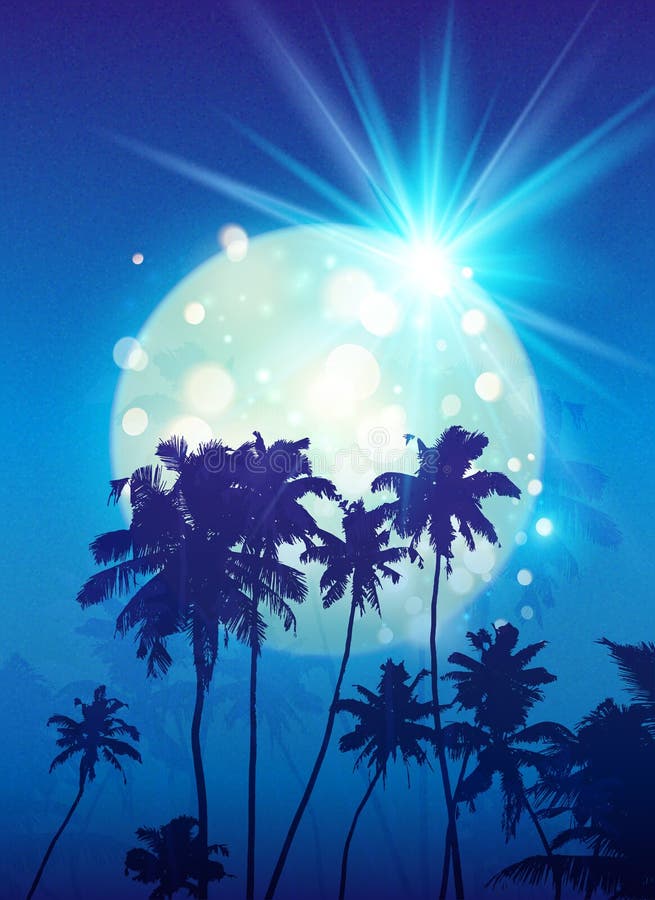 Turquoise shining moon with black palm trees silhouettes on blue background stock illustration Turquoise shining moon with black palm trees silhouettes on blue background stock illustration