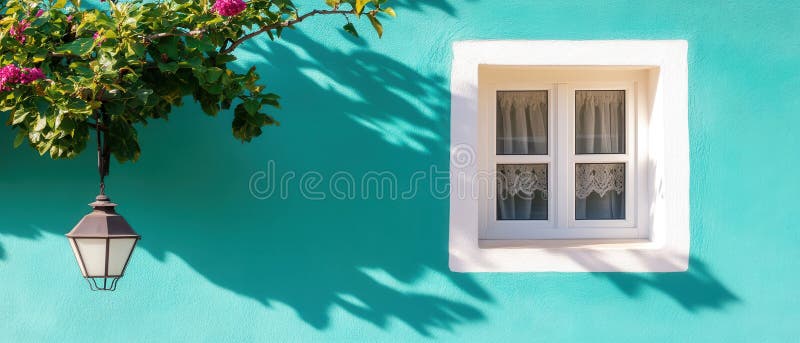 A turquoise wall with a white-framed window, a hanging lantern, and a flowering plant casts shadows. Horizontal banner with copy royalty free stock photos